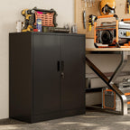BESFUR Metal Garage Storage Cabinet with 2 Locking Doors and 2 Adjustable Shelves, 36" Black Metal Short Storage Cabinet for Home Office,Garage,School,Utility Room