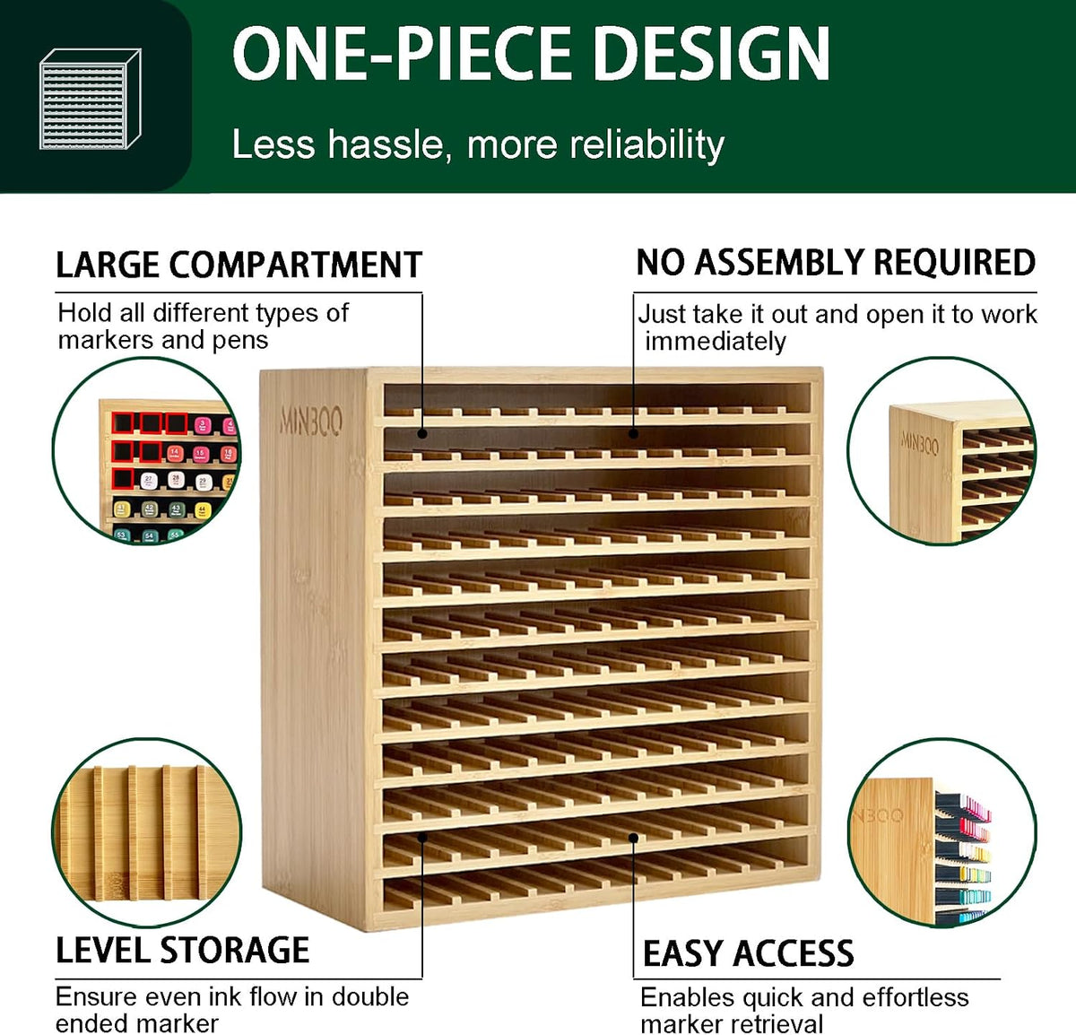 minboo marker organizer for 144 markers, bamboo art, close-up detail