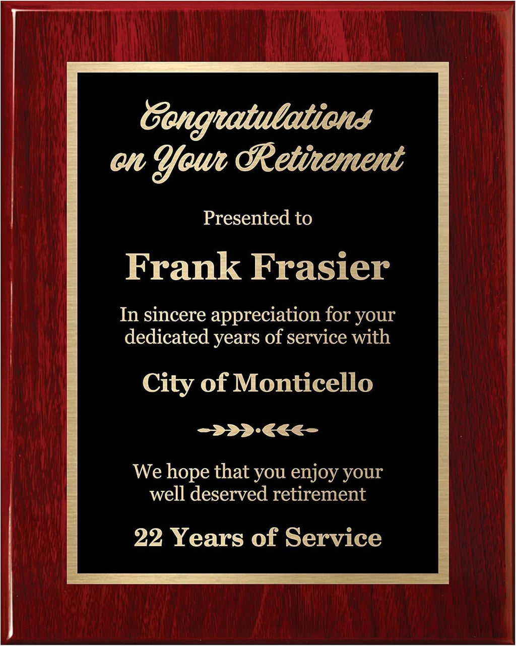 Customizable Retirement Plaque - Executive Series, Personalized Award for Employees, Mahogany Piano Wood Board, Customize Now! (10.5x13)