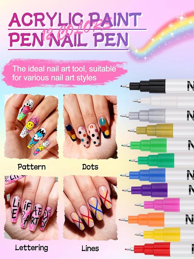 EBANKU 12 Color Nail Art Pens Set, 0.5 MM 3D Nail Polish Pens Acrylic Paint - Image 2