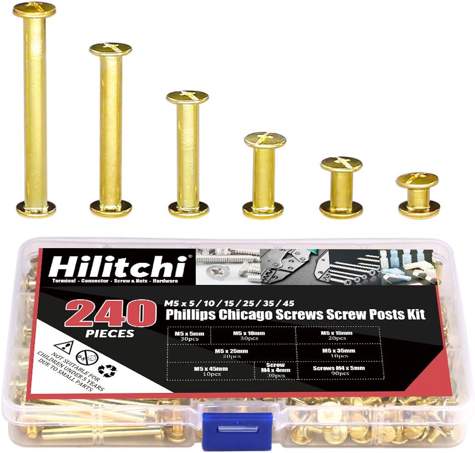 Hilitchi 120-Sets M5 x 5/10 / 15/25 / 35/45 Brass Plated Phillips Chicago Screw Posts Binding Screws Assortment Kit for Scrapbook Photo Albums Binding, Leather Repair - Gold