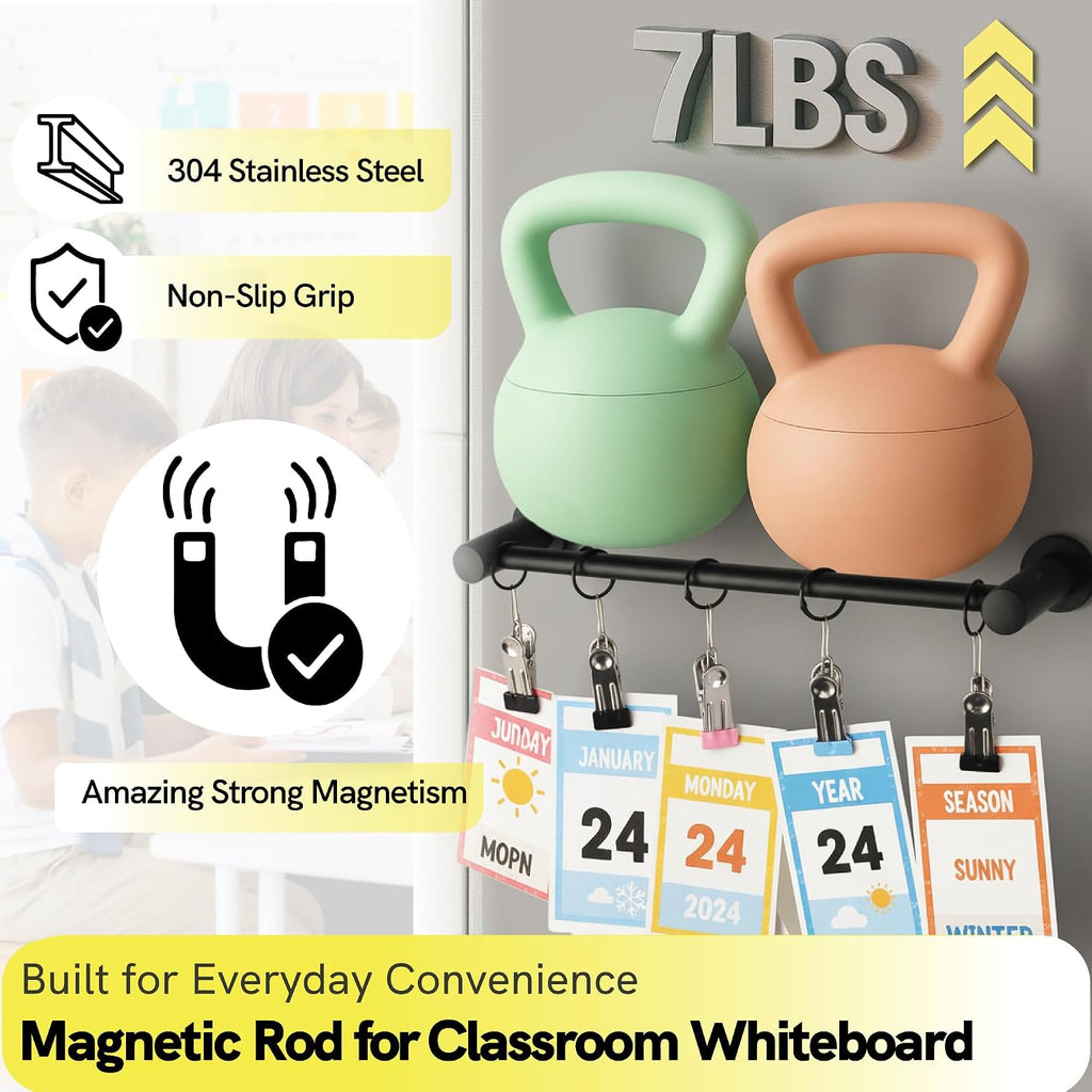 ULIBERMAGNET Magnetic Classroom Whiteboard Bar, Flip Calendar Holder with 5 Hanging Rings & 5 Clips, Magnetic Adjustable Length Anchor Chart Rack for Whiteboard, Office, Classroom, Lesson Plans