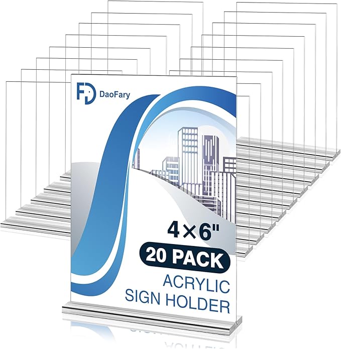 20 Pack Acrylic Sign Holder 4 x 6 Clear Display Table Signs Stand, Double Sided by Daofary
