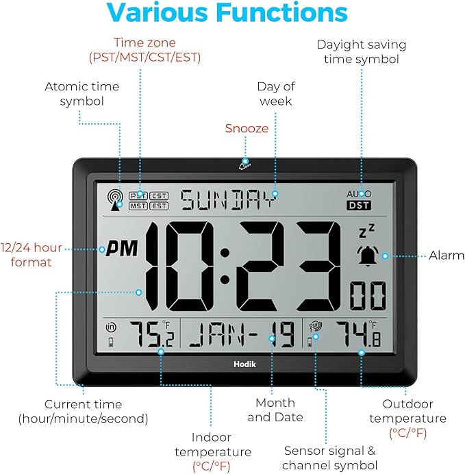 Wall Clock Atomic with Indoor Outdoor Temperature Battery Powered, Easy Reading - Image 3