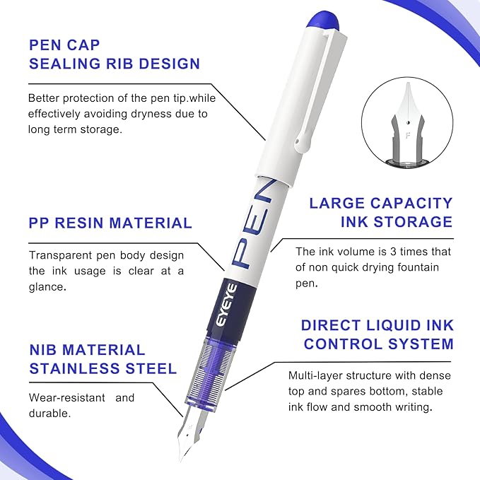 EYEYE Fountain Pens for Writing, 8 Pack Assorted Colors Fine Point Disposable - Image 3