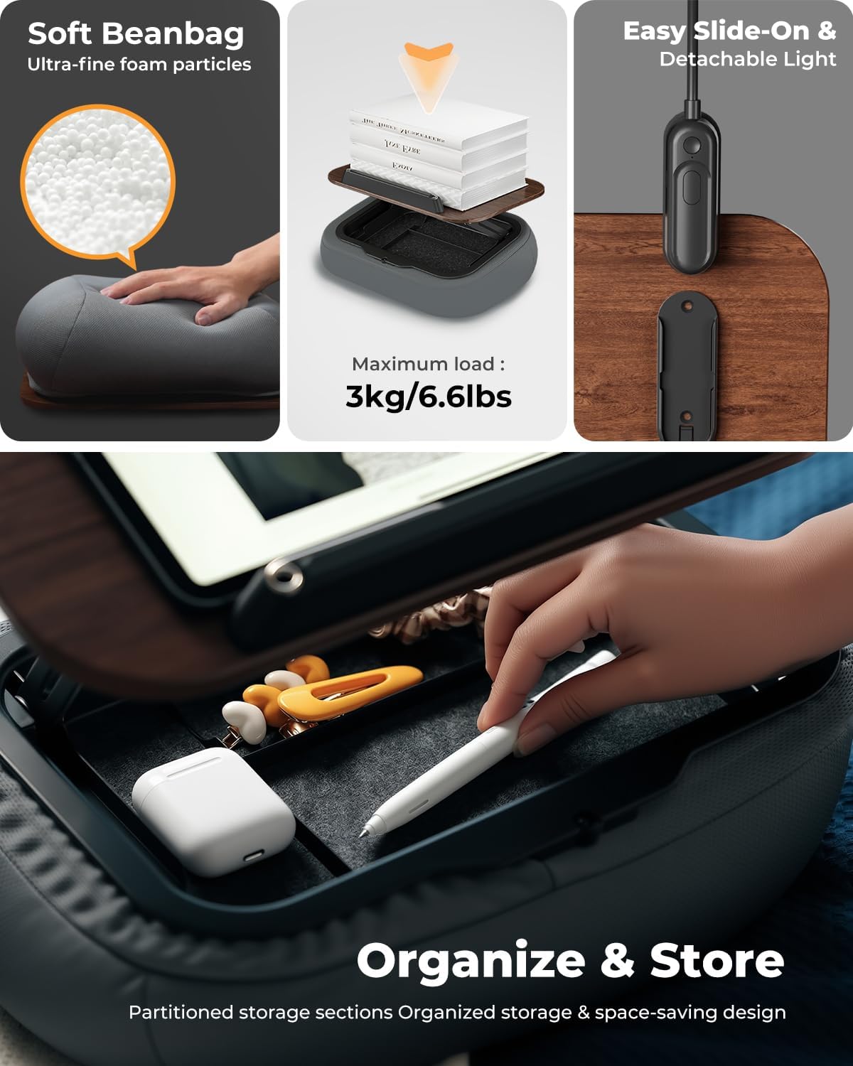 Lap Book Stand with Reading Light, Adjustable Book Holder Pillow for Bed & Couch, Hands-Free Reading Stand with Page Clips, Soft Lap Desk for Kindle, Tablet, Cookbook, Textbook Reading