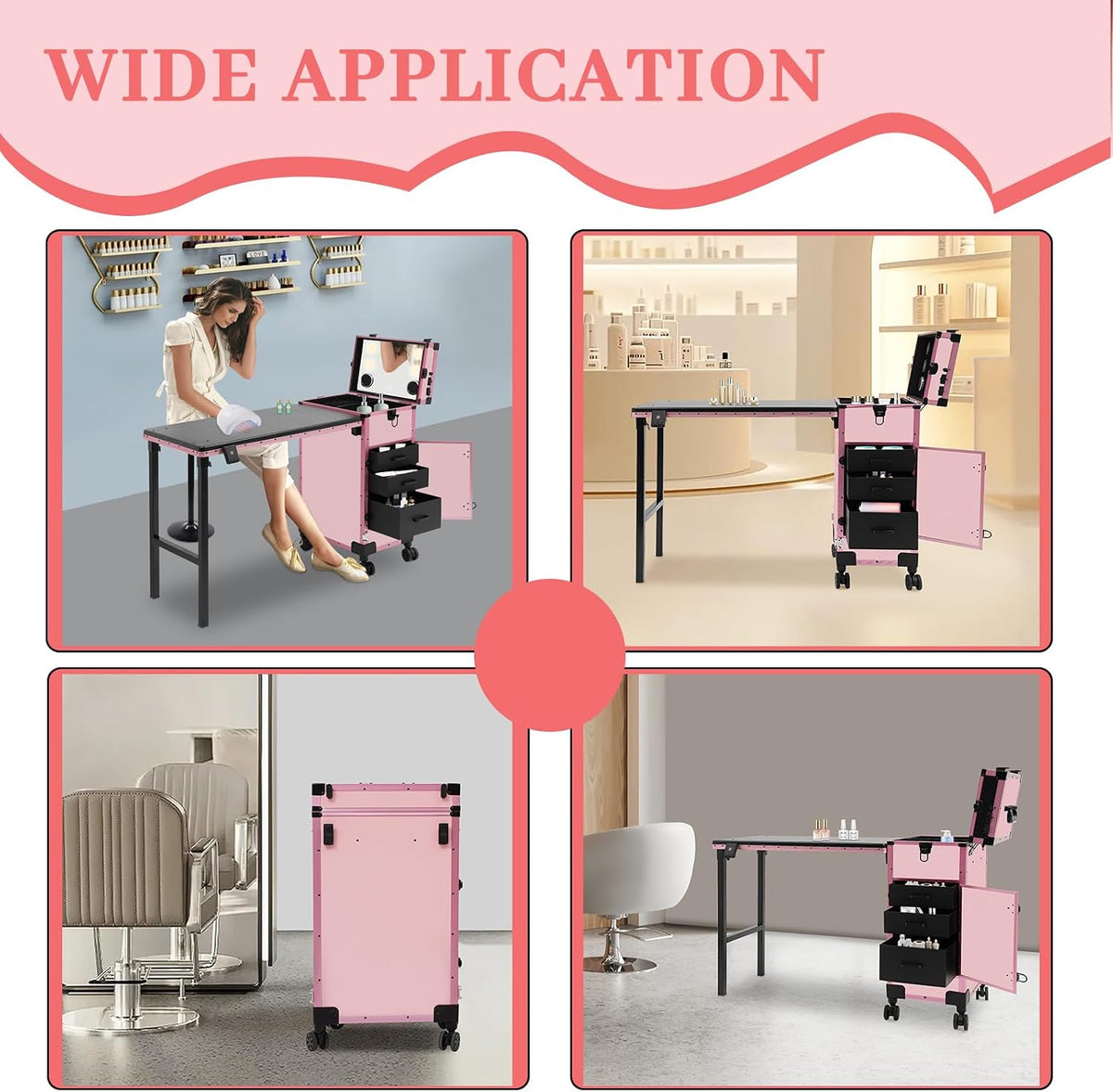 Rolling Makeup Train Case with 4 Drawers&Mirror, Foldable Makeup Nail Des...