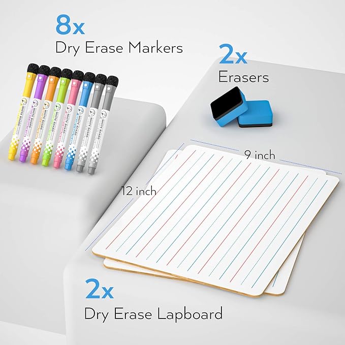 Nicpro Dry Erase Lap Board 9 x 12 inches 2 Pack Ruled Kid Double Sided Blank & - Image 2