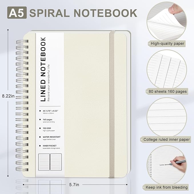 ABERLLS Beige Lined Spiral Journal Notebook - Image 2
