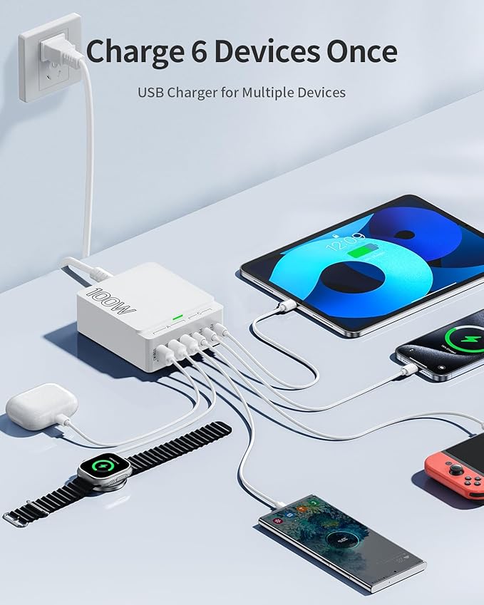 USB C Charger Block Charging Station: 100W 6 Port GaN Fast Charging Brick Hub - Image 2