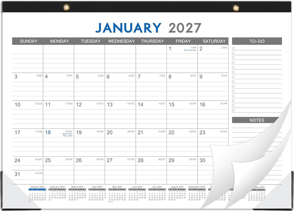 2027 Desk Calendar - 12 Months Calendar from January 2027 to December 2027 | 12 Months Calendar Pad with Black Corner Protectors, 17" x 12", Large Ruled Blocks, Large Office Desk Top Calendar
