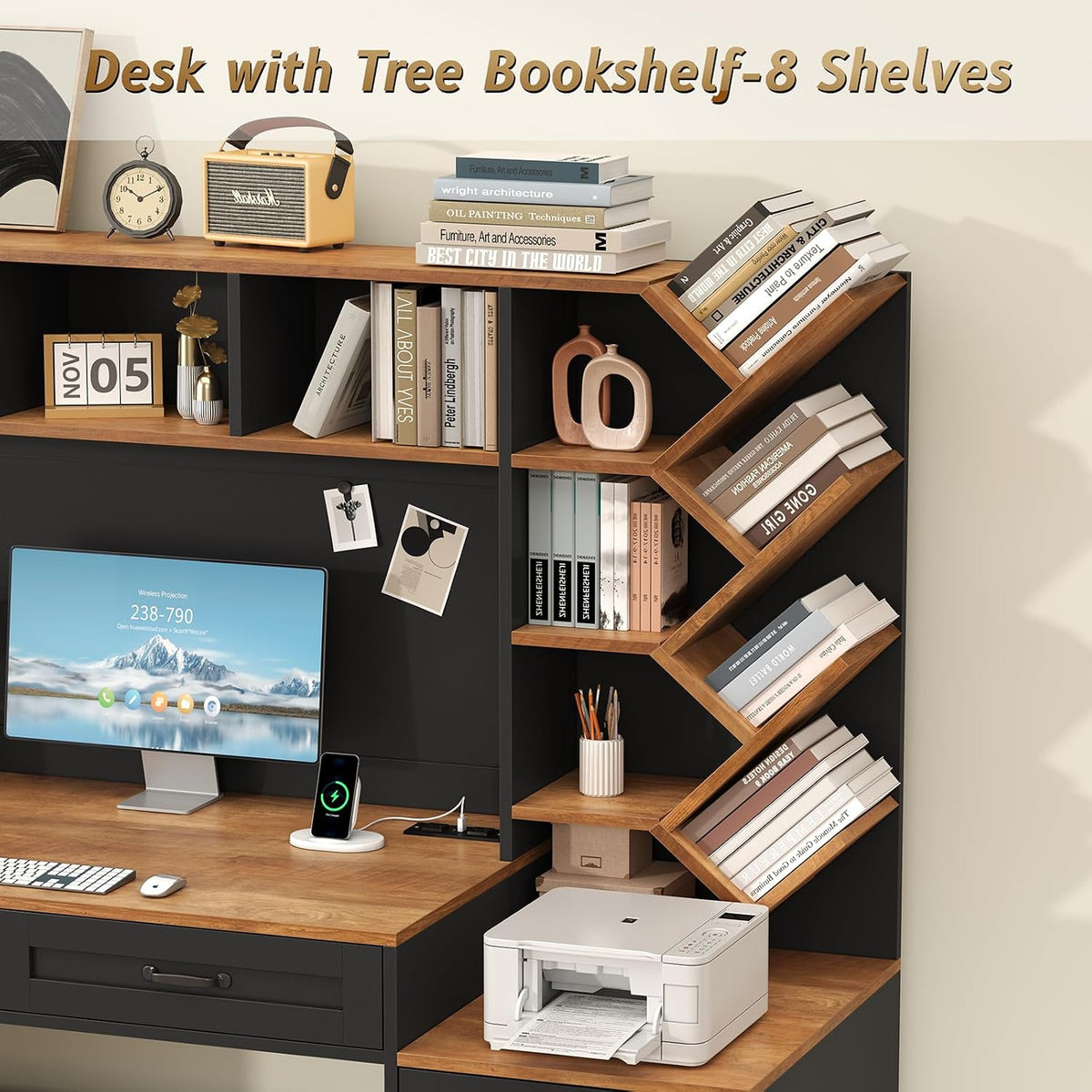 55" Computer Desk with Bookshelf, Drawers ＆ Hutch for Bedroom, Home Office