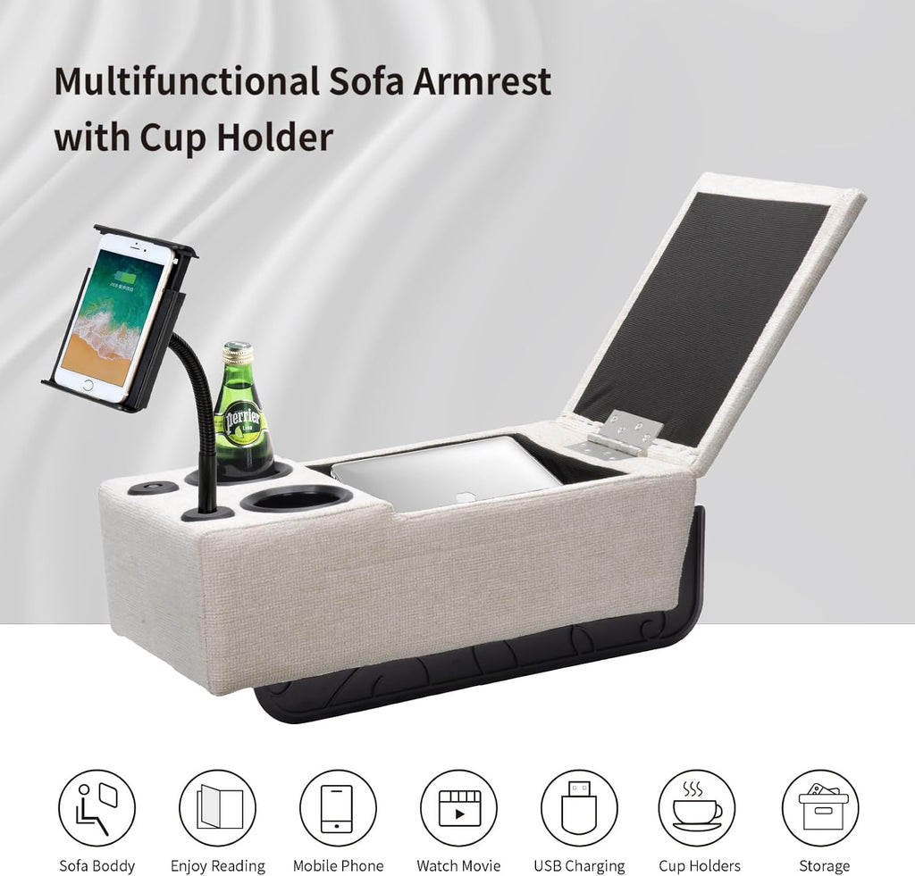 Removable Sofa Armrest with Cup Holder, PU Leather Multifunctional Couch Caddy Storage Arm rest with Power Wireless Charging Stand & LED Reading Light for Sofa Middle Seat Adjustable