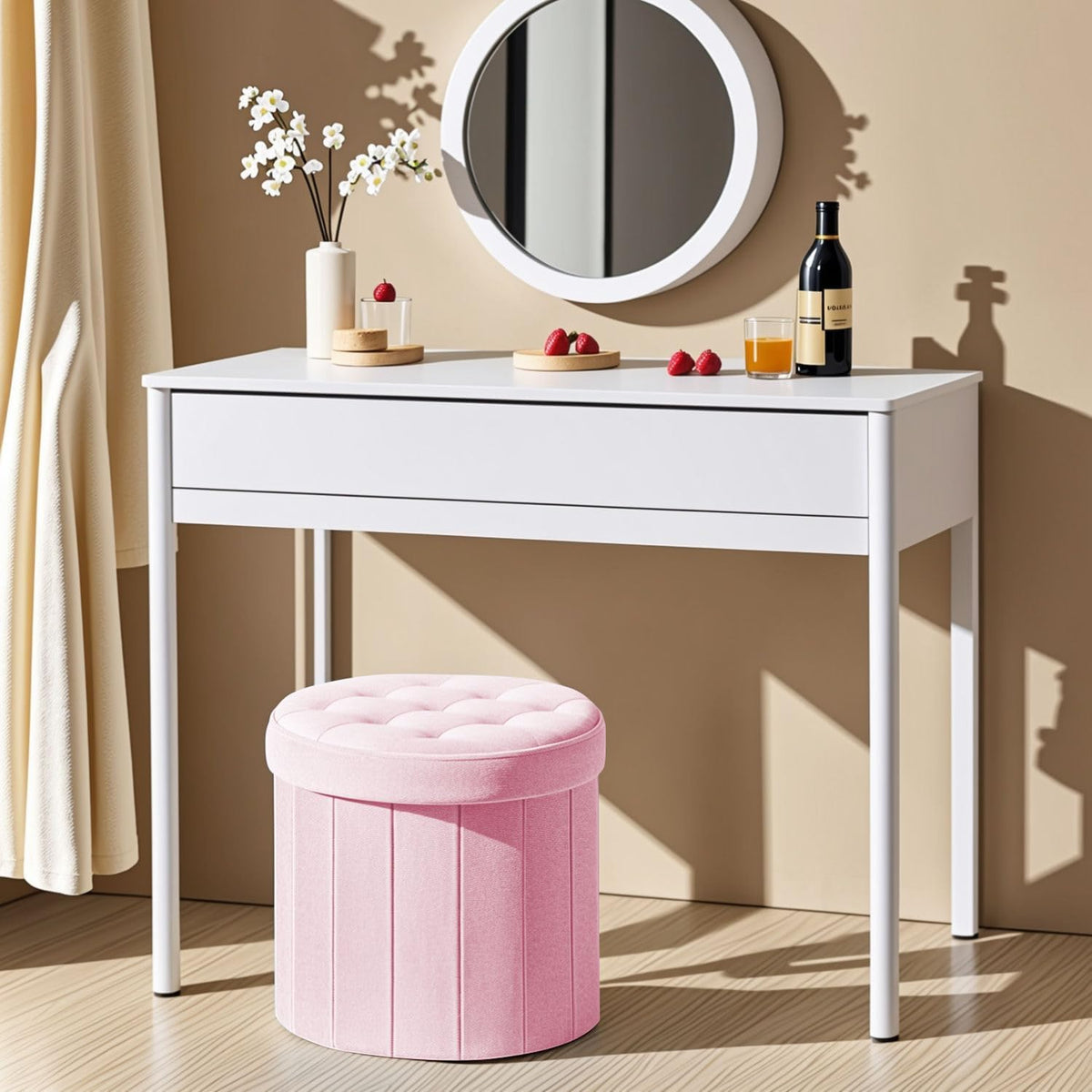 Bsketa Round Storage Ottoman, 14" Folding Velvet Foot Stool,Pink 2 Pack