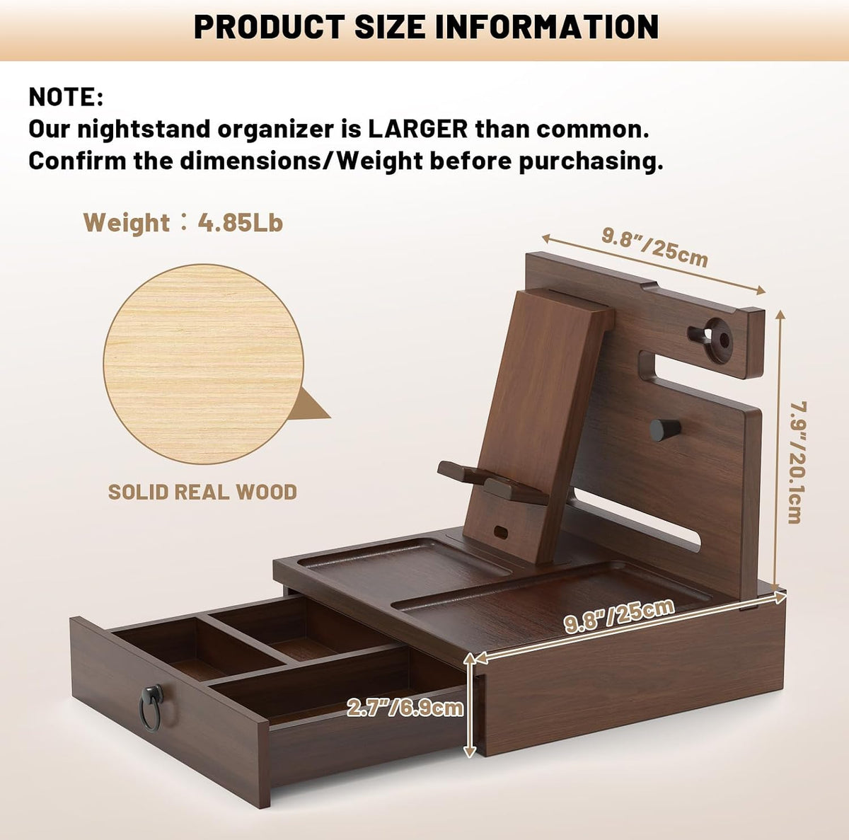 Wood Phone Docking Station, Nightstand Organizer with Drawer