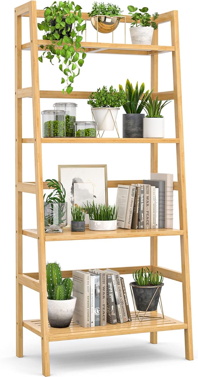 Homykic Bamboo Bookshelf 4-Tier Ladder Shelf, 49.2” Freestanding Open Bookcase by Homykic