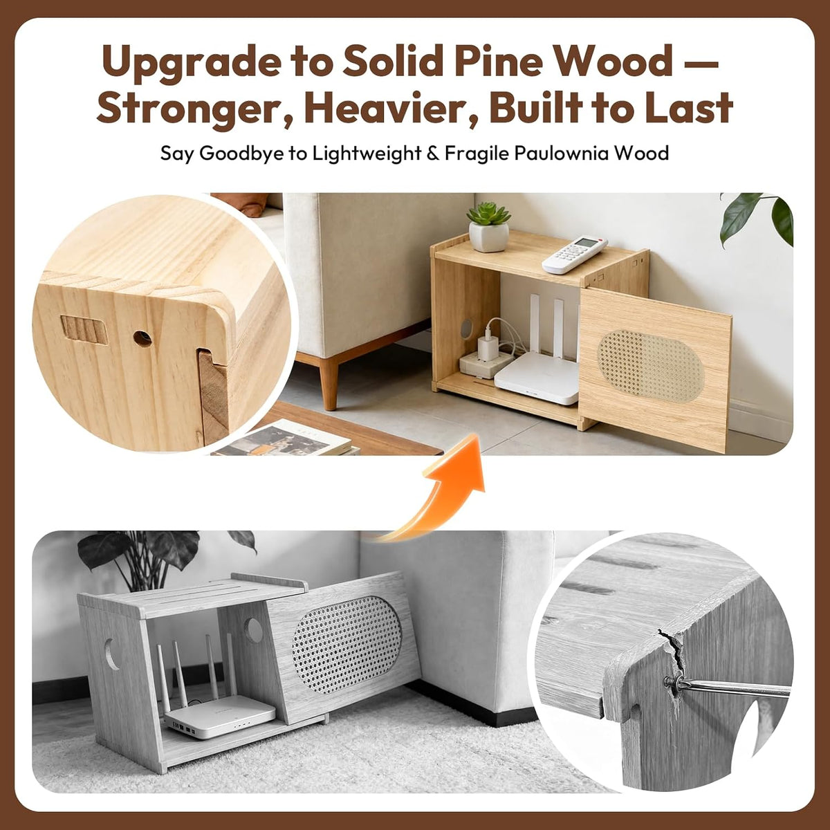 Natural Wood Router Box Hider with Rattan Doors, Tabletop Cable Management Ca...