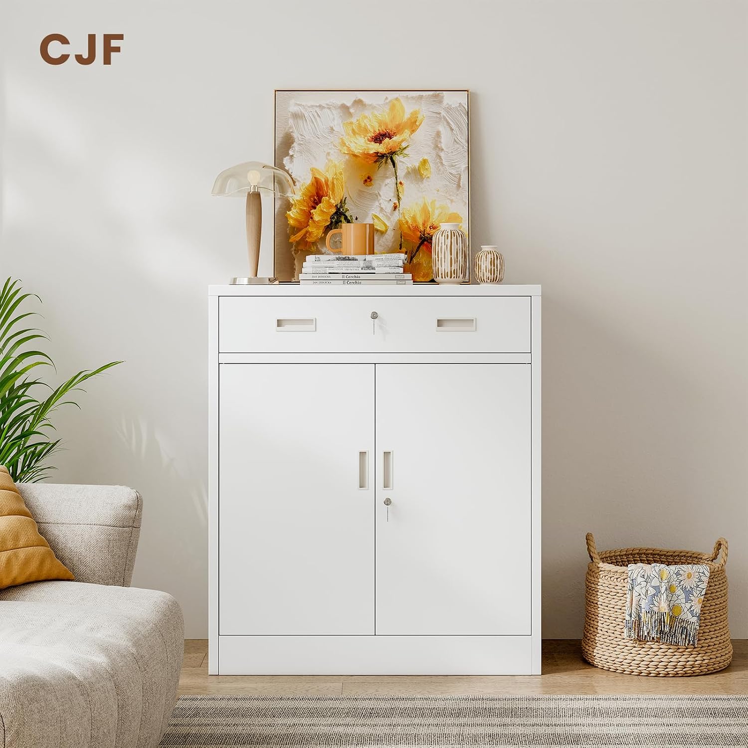 CJF Metal Storage Cabinet, Locking Storage Cabinet with 1 Drawer and Adjustable Shelf, 36" H x 28" W x 16" D White Metal Cabinets for Office, Home, Garage