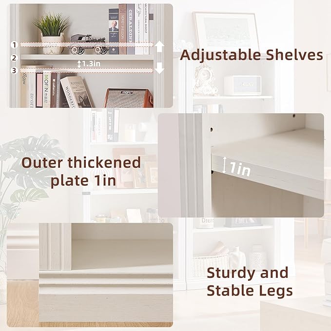 RWYHG 70" White Tall Bookshelf Set of 2, 5-Tier Thick Wooden Book Shelf - Image 5
