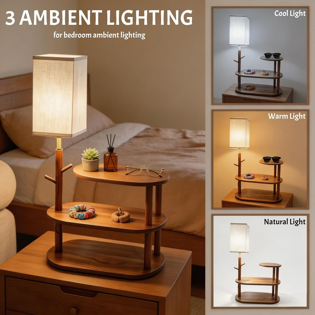 22" Desk Table Lamp with LED Bulb for Bedroom, Unique Wooden Tree Trunk