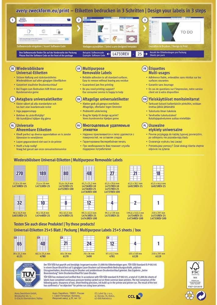 Avery Zweckform Multi-Purpose Removable Labels for All A4 Printers, 45.7 x 21.2 mm weiß (wiederablösbar)