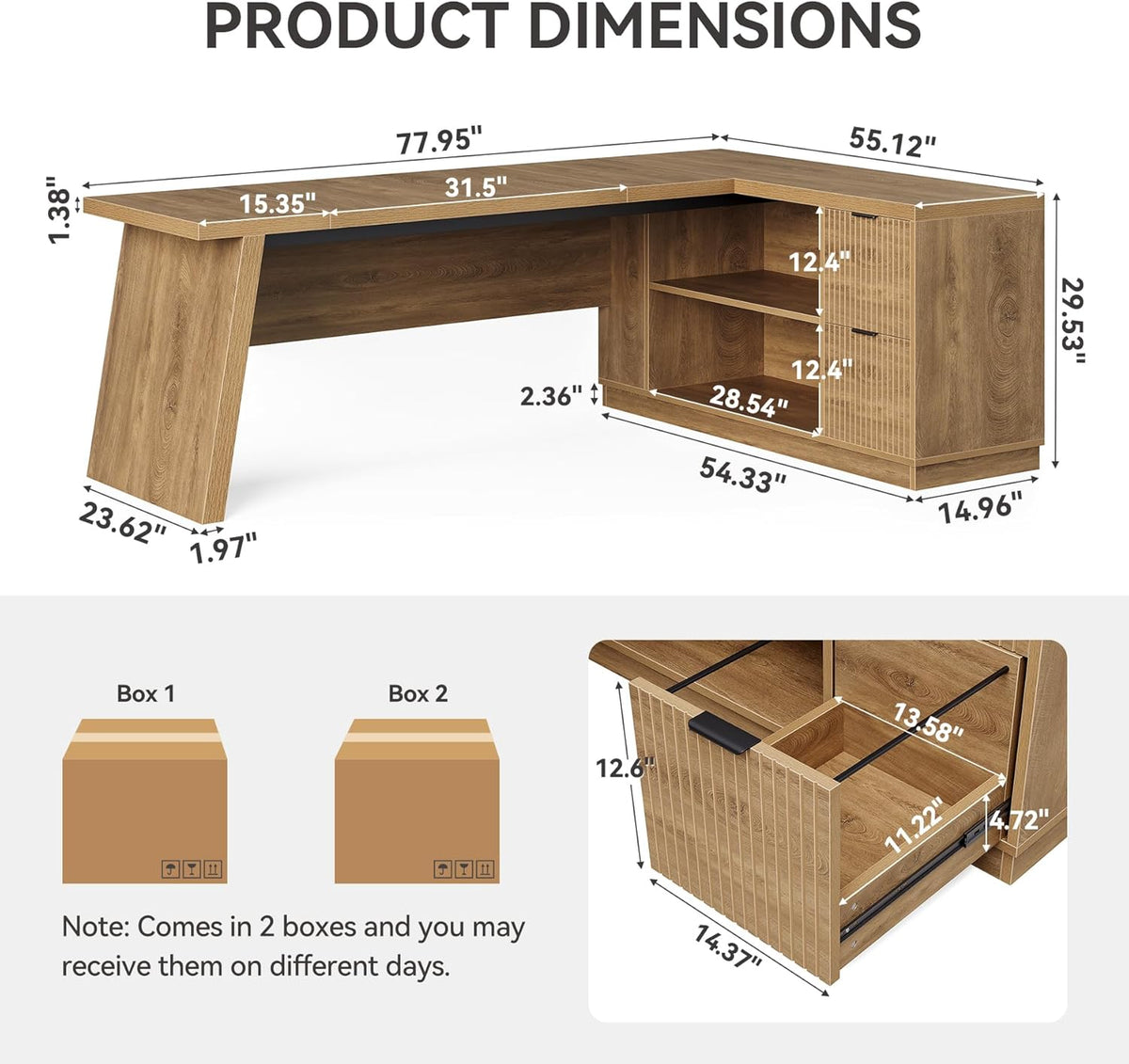LITTLE TREE 78-Inch L-Shaped Executive Desk, Modern Desk with Drawers & F...