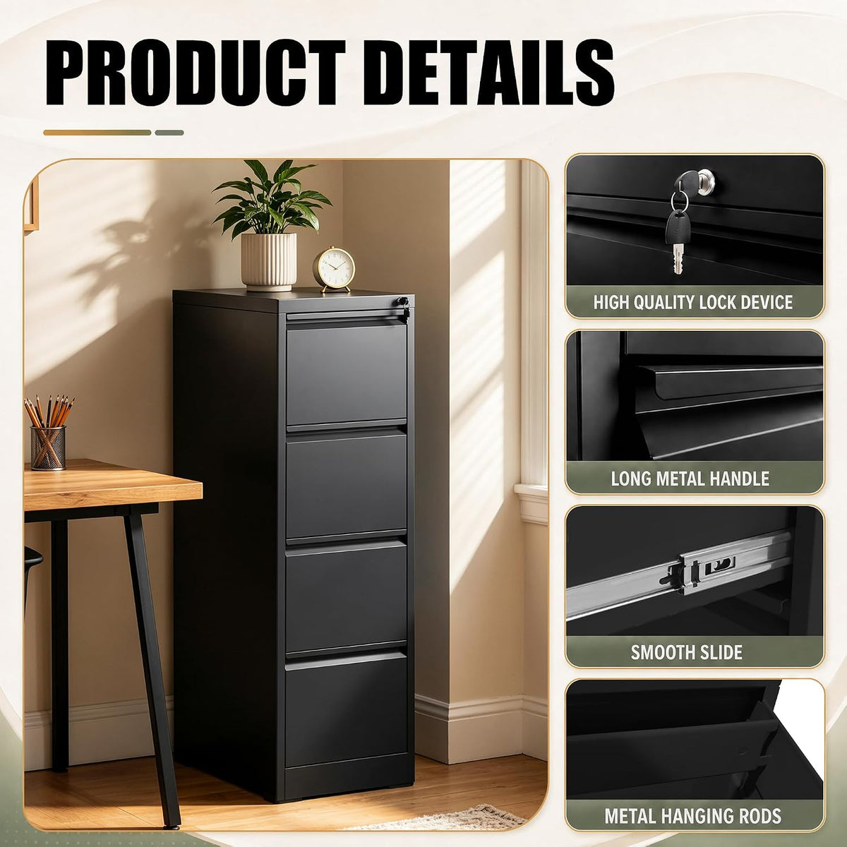 4 drawer file cabinet for home office, vertical, side view