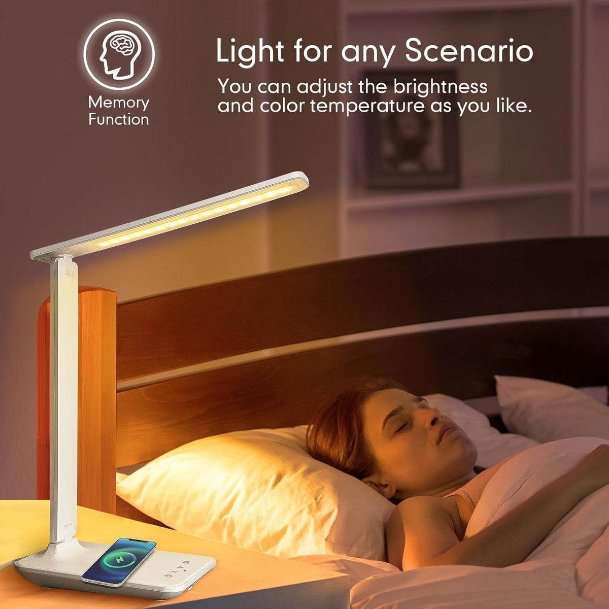 White crown LED Desk Lamp with 15W Wireless Charger & USB Port, Dimmable ...