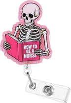 How to Be A Nurse Funny Skeleton Book Nurse Badge Reel, Cute Pink Radiology by LINAYOHA