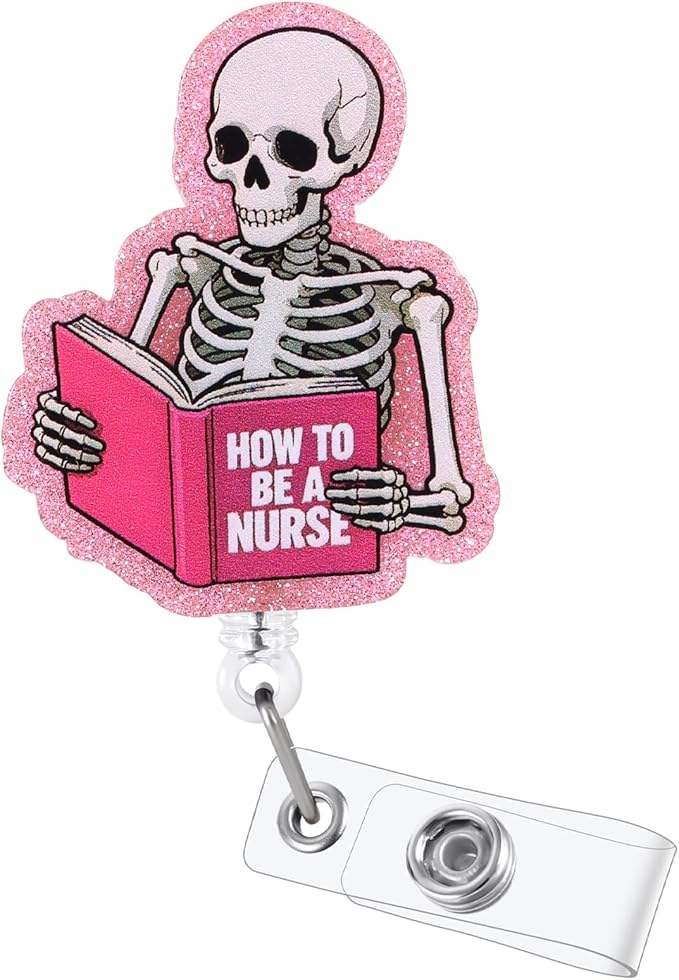 How to Be A Nurse Funny Skeleton Book Nurse Badge Reel, Cute Pink Radiology by LINAYOHA