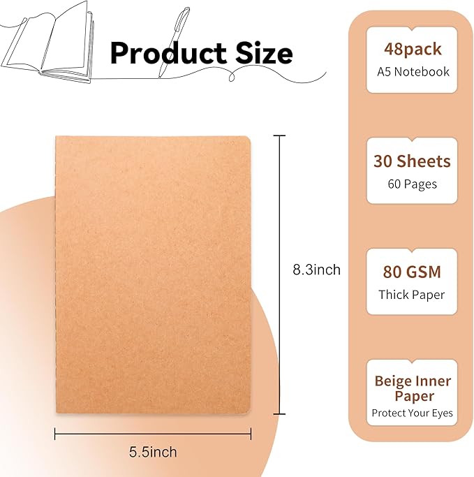48 Pack Blank Kraft Notebooks, 8.3x5.5 Inches A5 Small Journals Bulk Blank - Image 2