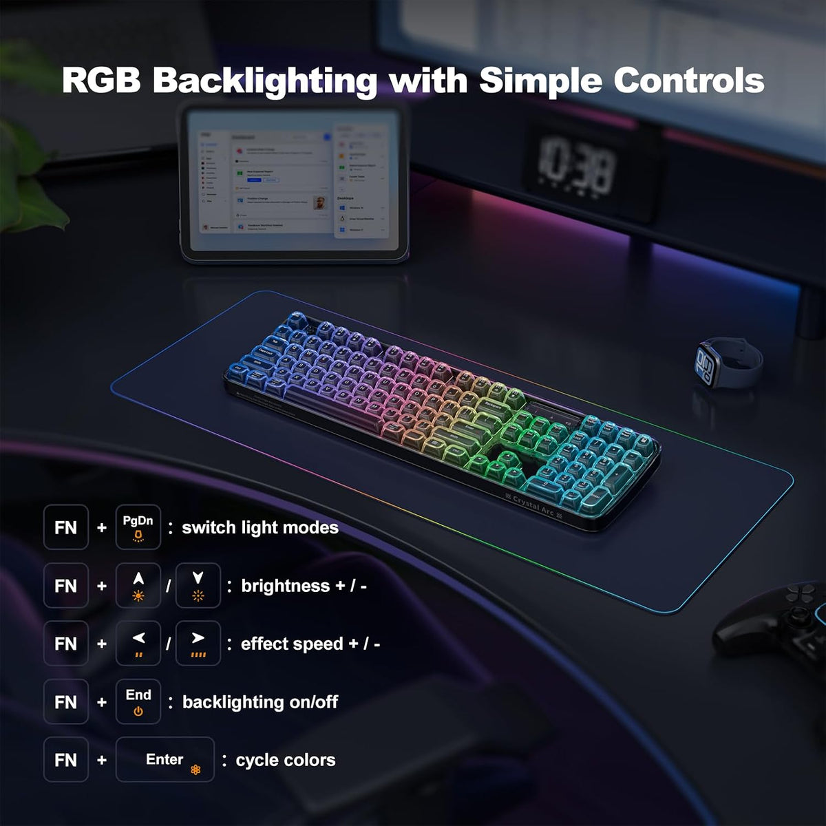 MOFII Tri-Mode Wireless Keyboard, Transparent Full-Size with RGB Backlit, Blu...