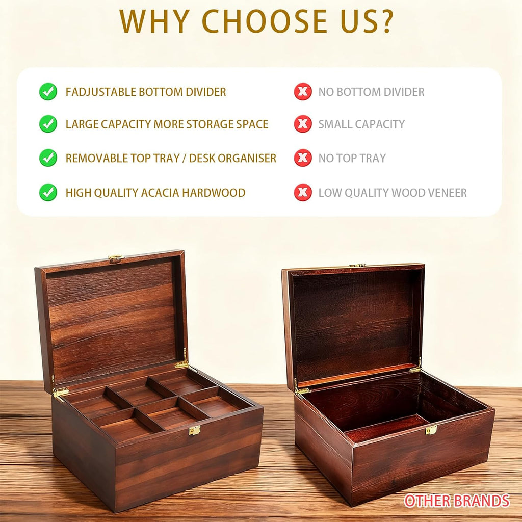 large wooden storage box with adjustable tray, 12.5 on a desk or shelf