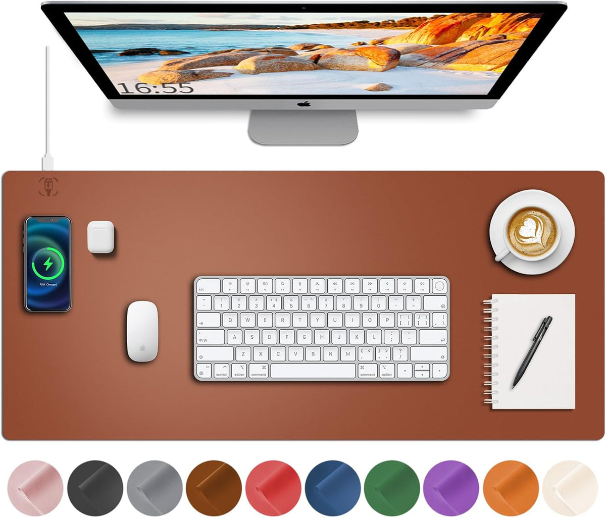 Desk Mat with Wireless Charging, Brown Mouse Pad with Wireless Charger, Desk ...