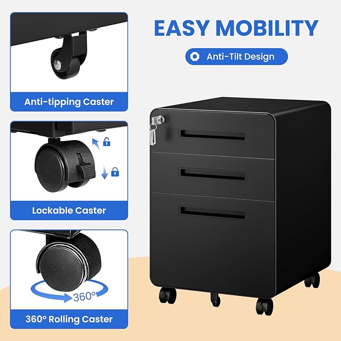 MIIIKO Mobile Filing Cabinet 3 Drawer, Rolling Small File Cabinet - Image 6