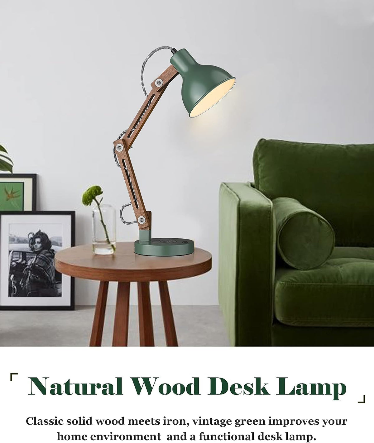 ELYONA LED Desk Lamp with Wireless Charger, Sapele Wood Reading Light with US...