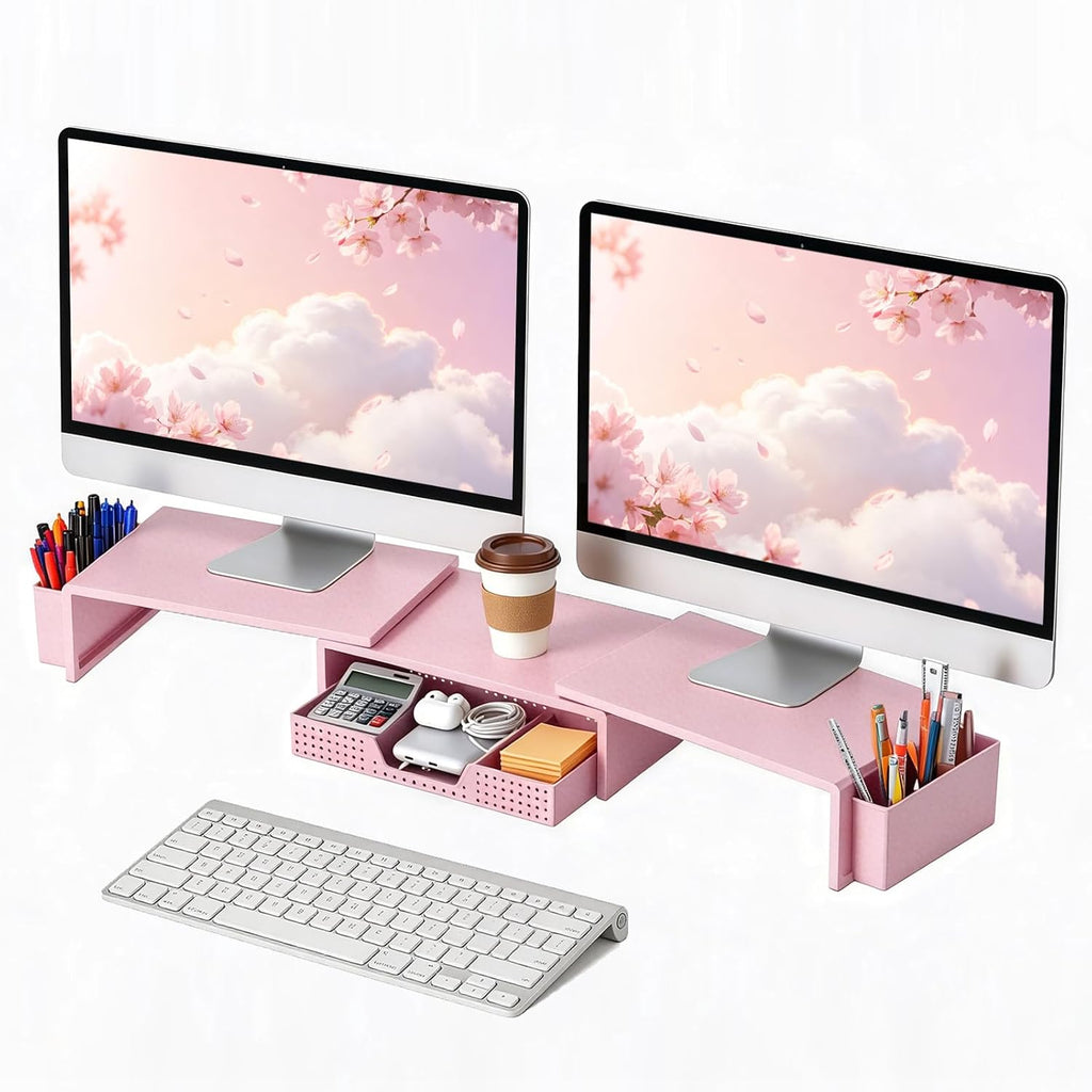 leketree dual monitor stand riser with drawer and, main product view