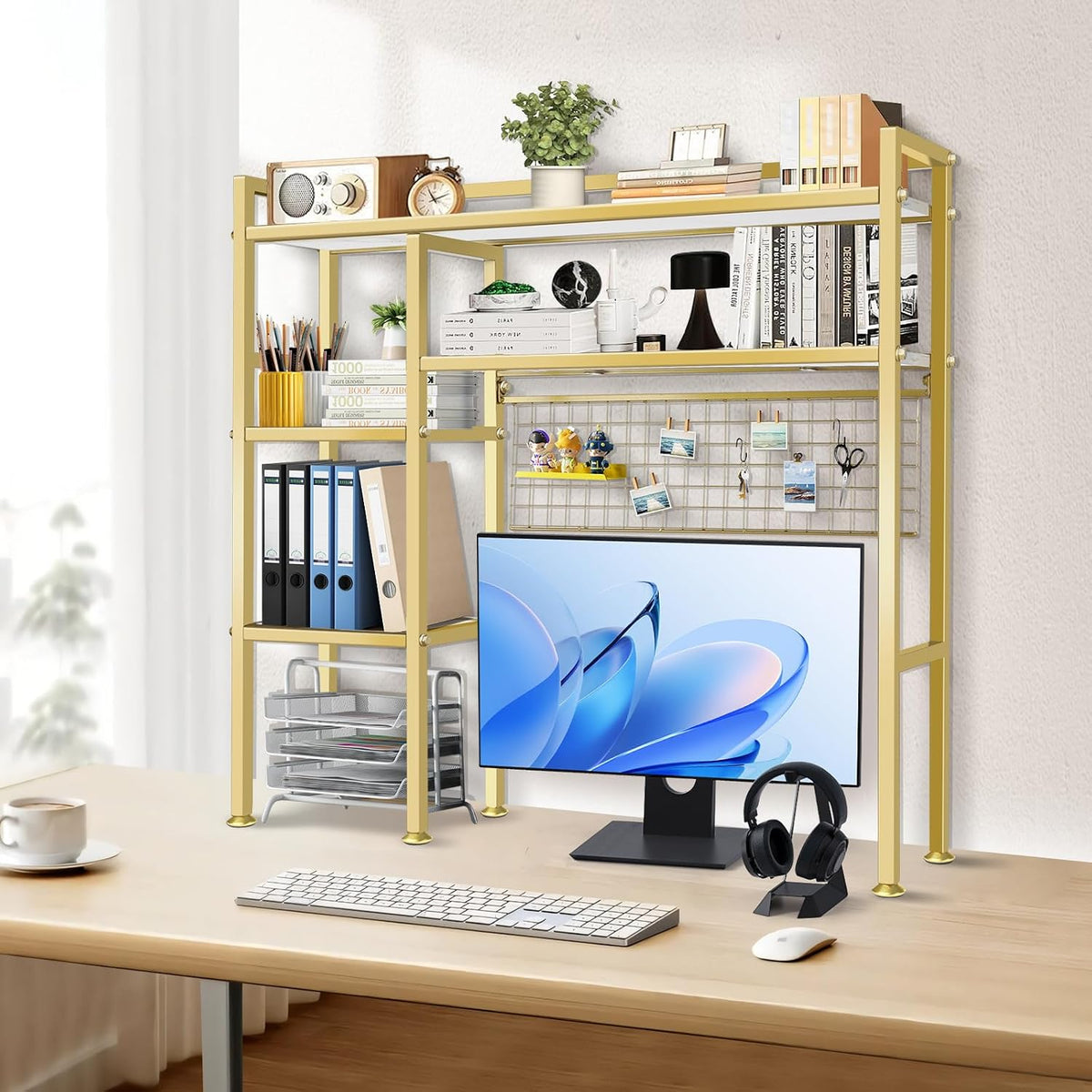 Desk Shelf with Grid Panel, 37.5" Desktop Hutch Organizer, 4-Tier Desk B...
