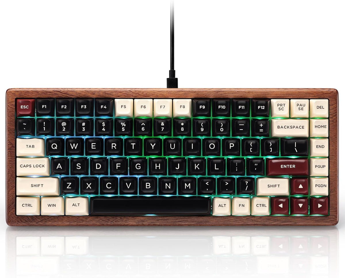 GLENCREAG WK84 USB-C Wired Wooden Mechanical Keyboard, 75% Layout 84 Keys, RG...