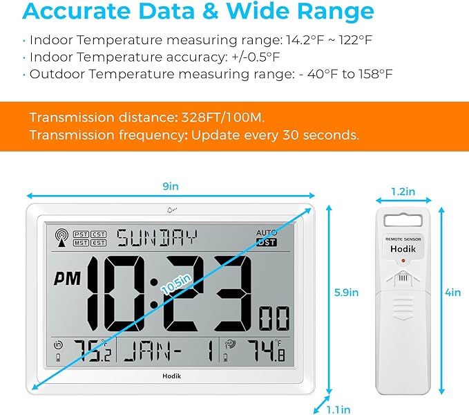 Wall Clock Atomic with Indoor Outdoor Temperature Battery Powered, Easy Reading - Image 8