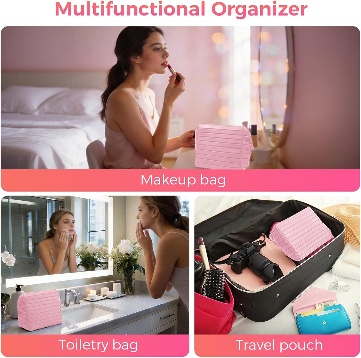 Travel Makeup Organizer Bag with Fold-Down Design and Adjustable Dividers, 27...