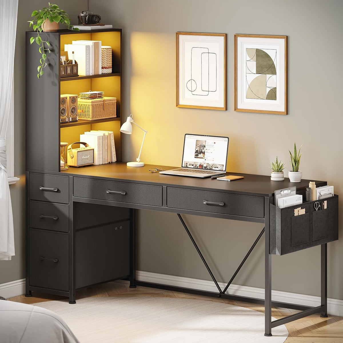 SEDETA Computer Gaming Desk with 5 Drawers and Bookshelf, Reversible Home Off...