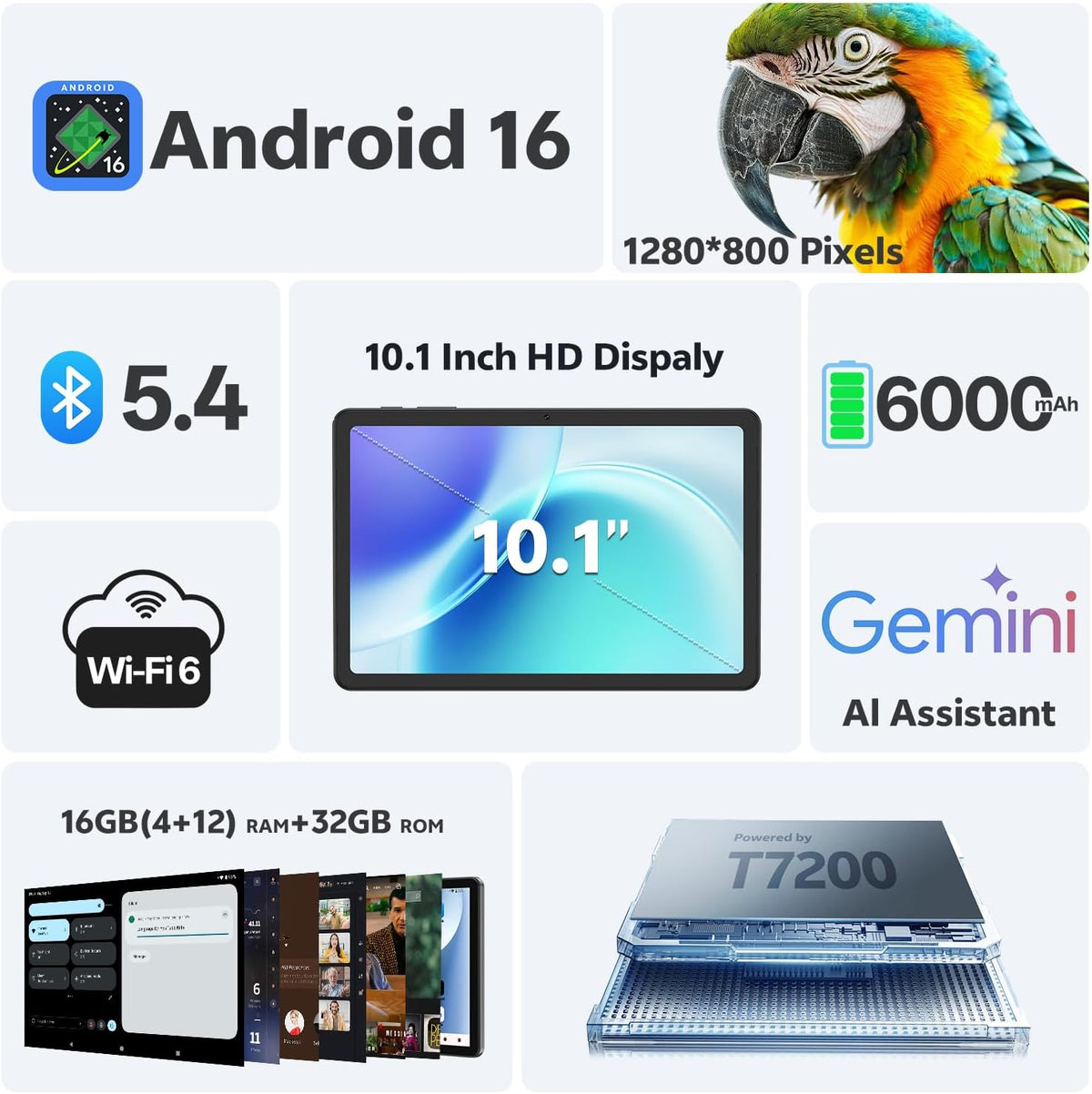 Tablet 10 Inch, Android 16 Tablet with Keyboard, 16GB RAM + 32GB, Gray