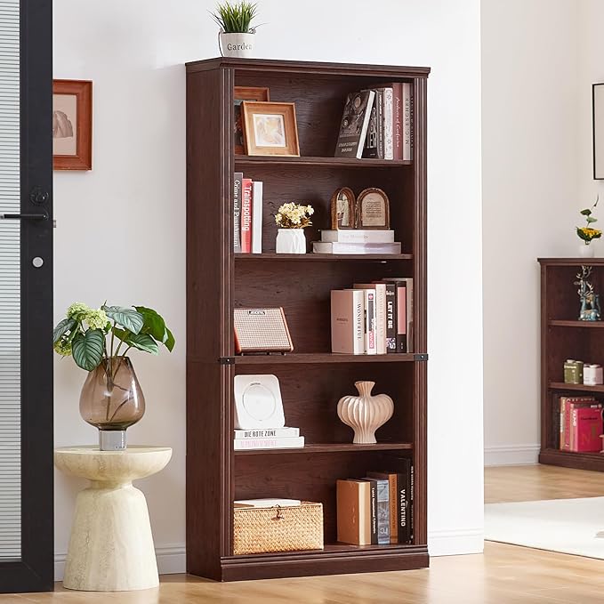 RWYHG 70" Walnut Tall Bookshelf Set of 2, 5-Tier Thick Wooden Book Shelf - Image 8