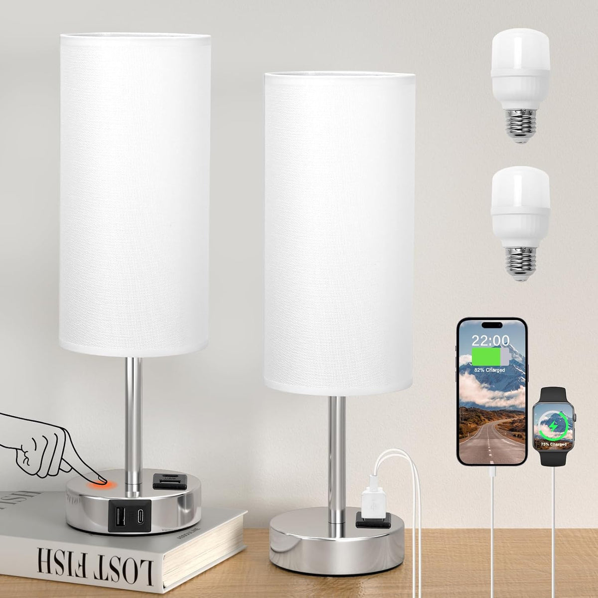 Dicoool Touch Table Lamp for Bedroom Set of 2 - Small Desk Lamp for Dorm