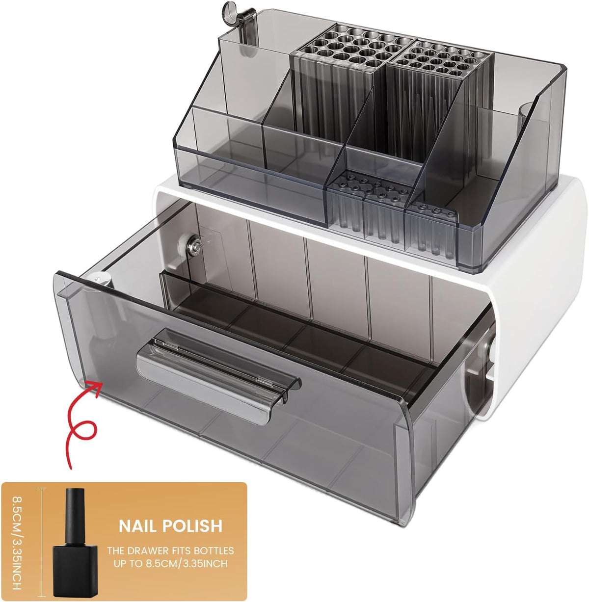 2-Tier Nail Tech Desk Organizer with Drawer for Polish, Brushes, Drill Bits