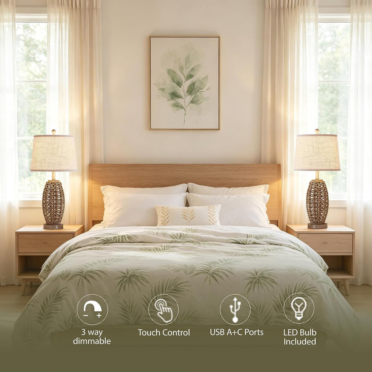 Rattan Table Lamp for Living Room, Dimmable Touch Lamp for Bedside Table in B...