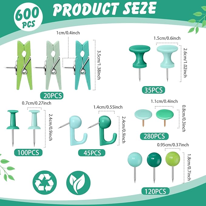 600 Pcs Decorative Push Pins, Plant Green Thumb Tacks 6 Types Cute Push Pin Clip - Image 2