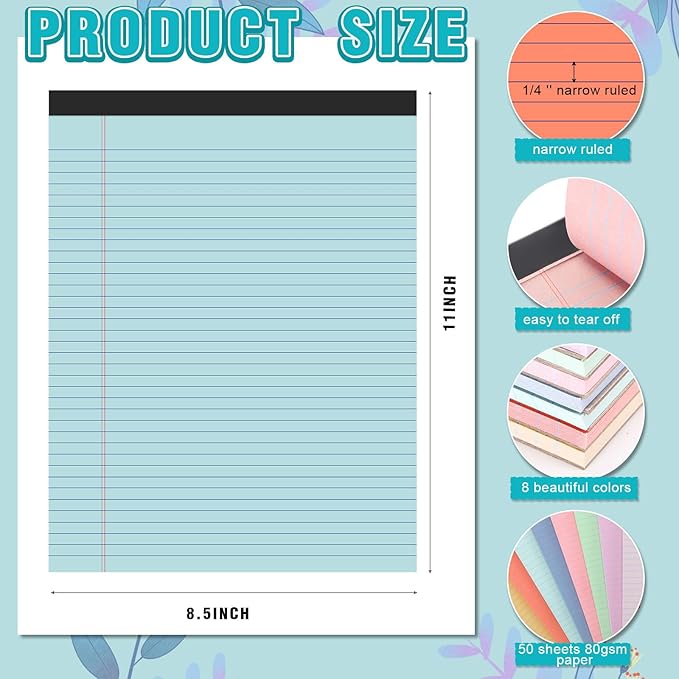 Fuutreo 8 Pcs 8.5'' x 11'' Colored Legal Pad Writing Pads Narrow Ruled 50 - Image 2