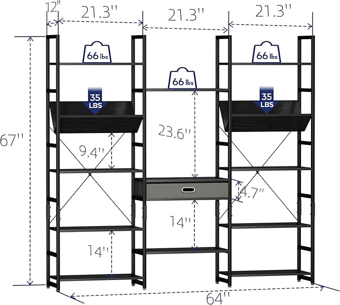 NUMENN Triple Wide 5 Tier Bookshelf, Adjustable Rustic Industrial Style Book - Image 3